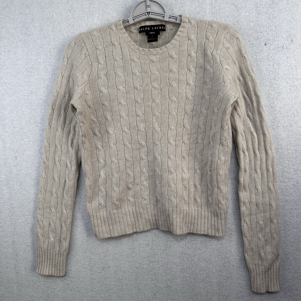 Ralph Lauren Women's Sweater Large Slim Fit Cashmere Beige Cable-knit VTG